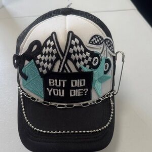 Black and White Cap with Patches and Chain